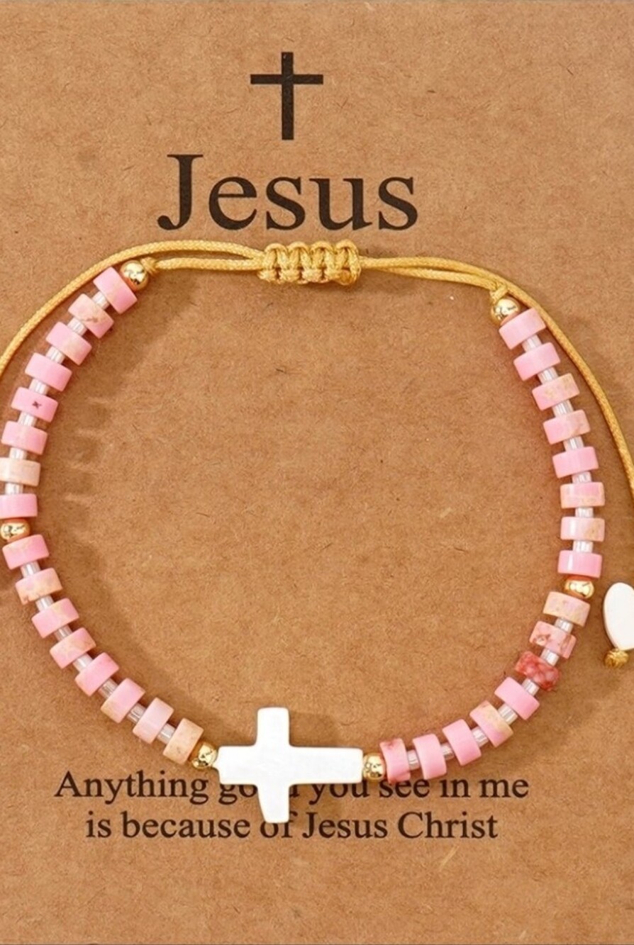 Handmade Adjustable Pink Beaded Cross Bracelet with Gold Accents and